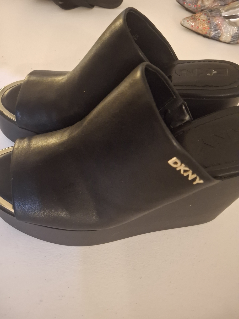 DKNY Black Leather Wedge Mule Slides